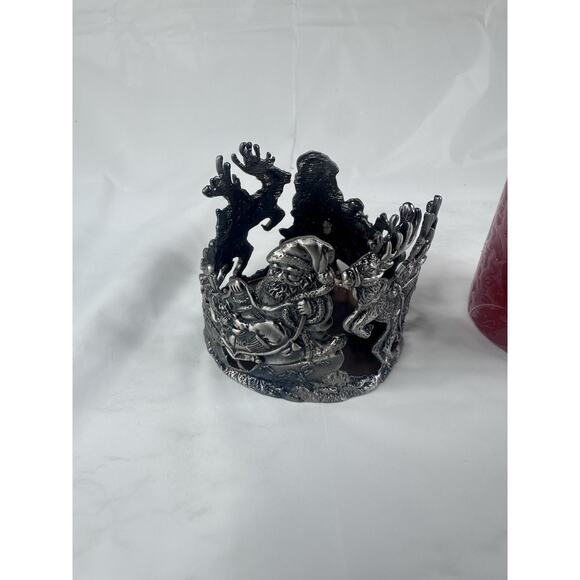 Pewter Santa Reindeer Sleigh Christmas Candle Holder Round Metal 3" Diameter - Picture 2 of 5
